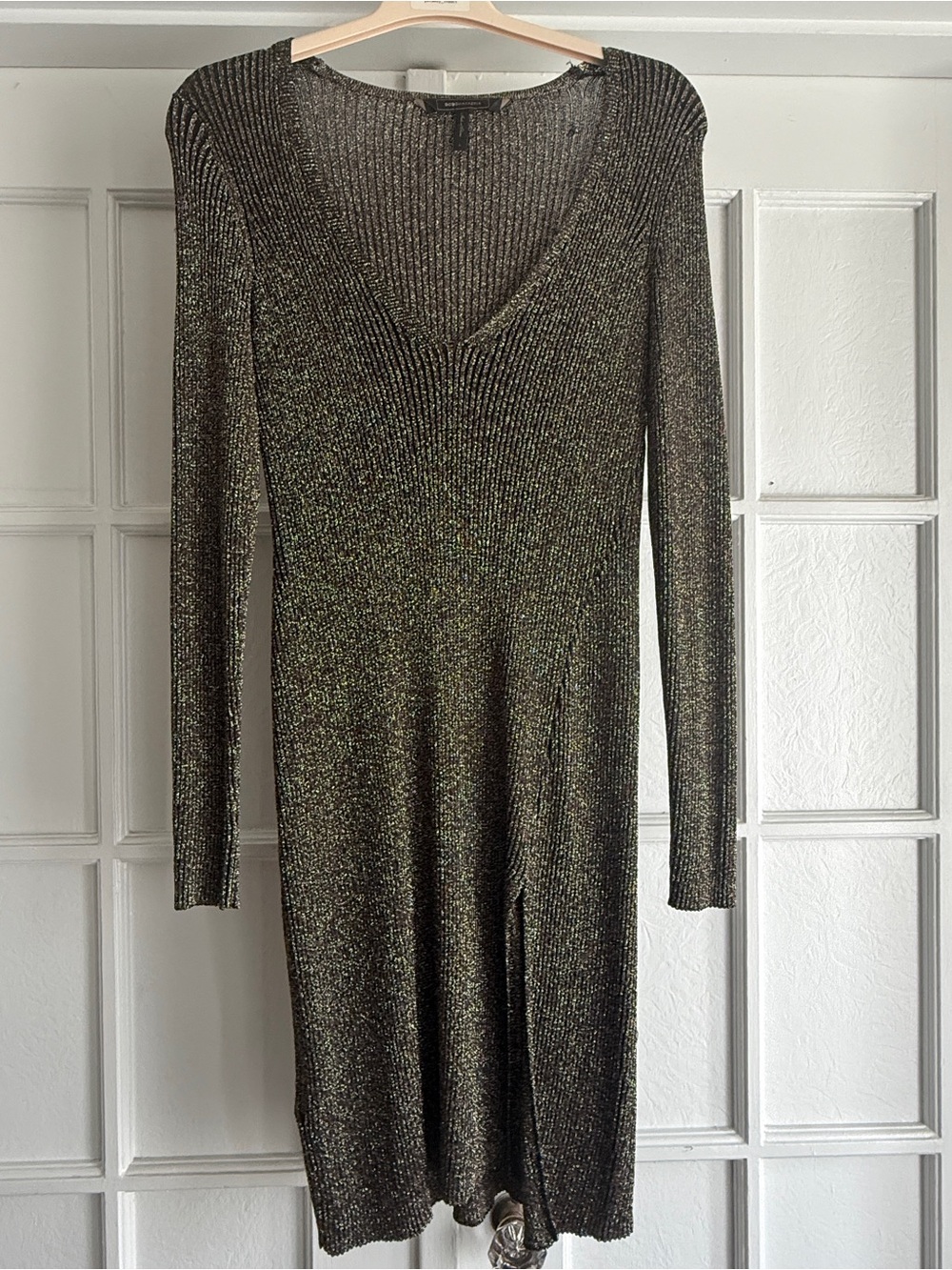 BCBGMAXAZRIA Metallic Ribbed Knit Midi Sweater Dress Gold Black Size L